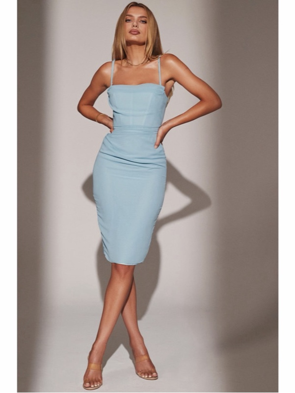NWT House of CB Jamille Baby Blue Draped Corset Midi Dress Womens Size‎ L+ / XL
